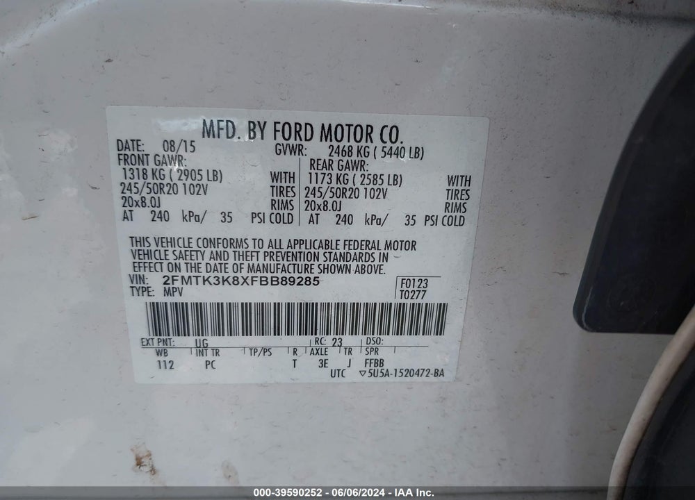 2015 FORD EDGE TITANIUM VIN: 2FMTK3K8XFBB89285