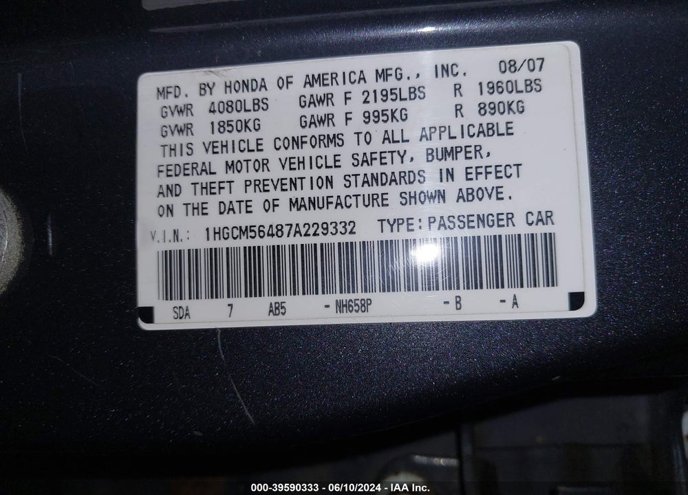 2007 HONDA ACCORD 2.4 LX VIN: 1HGCM56487A229332