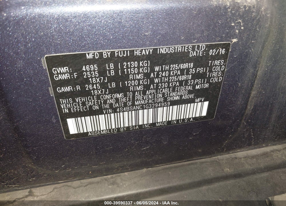 2016 SUBARU OUTBACK 2.5I LIMITED VIN: 4S4BSANC1G3294959