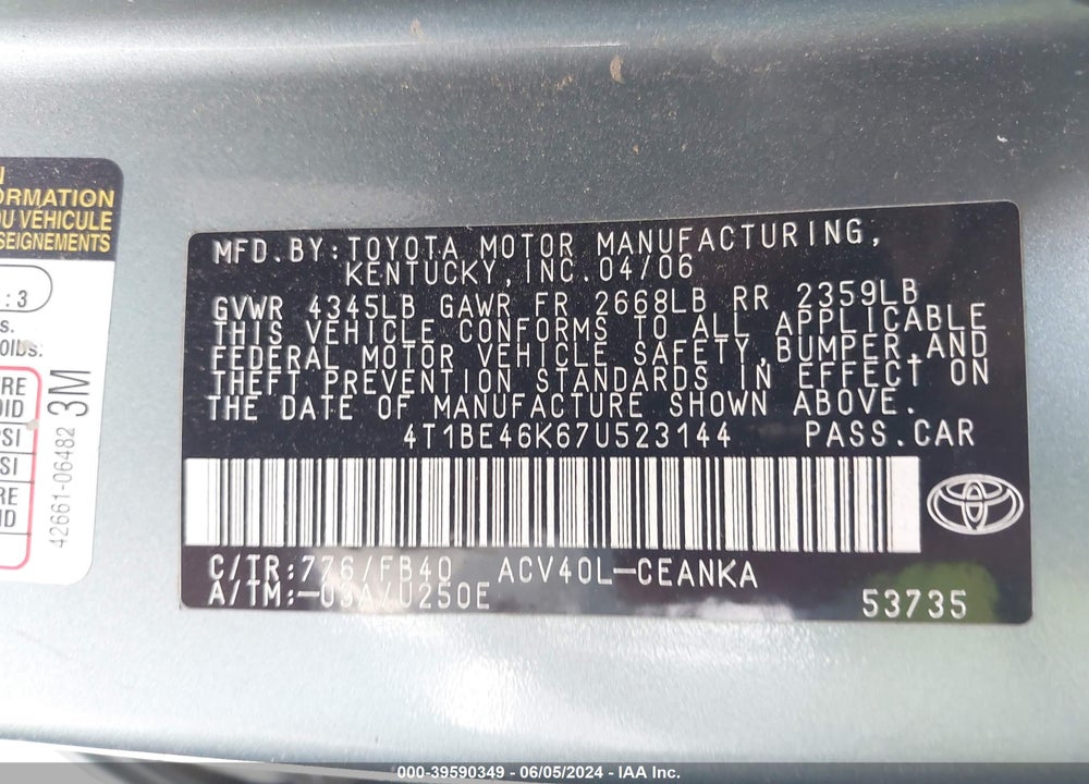 2007 TOYOTA CAMRY LE VIN: 4T1BE46K67U523144