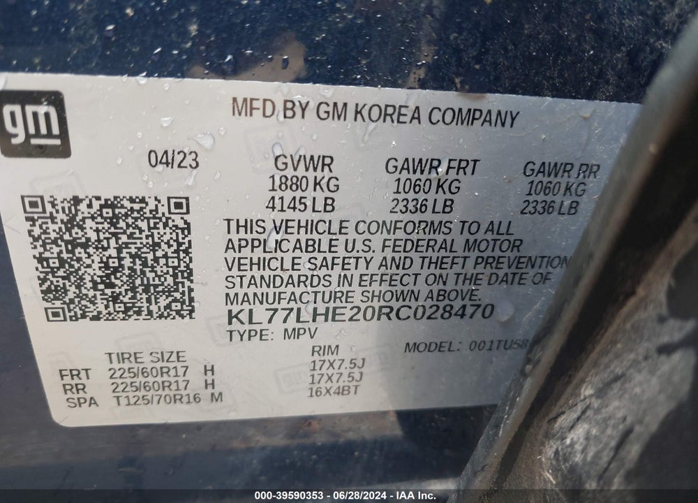 2024 CHEVROLET TRAX VIN: KL77LHE20RC028470