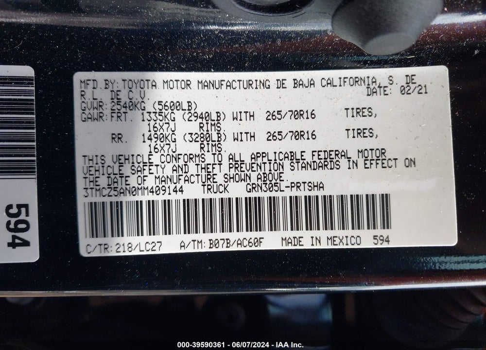 2021 TOYOTA TACOMA TRD OFF ROAD VIN: 3TMCZ5AN0MM409144
