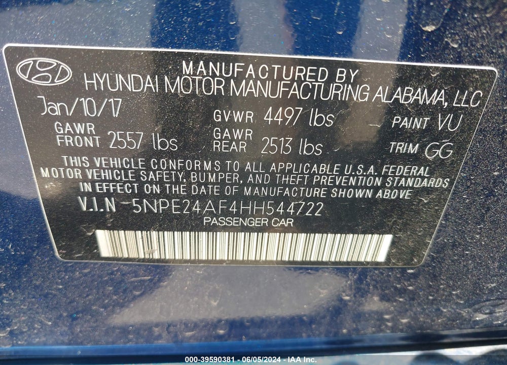 2017 HYUNDAI SONATA VIN: 5NPE24AF4HH544722