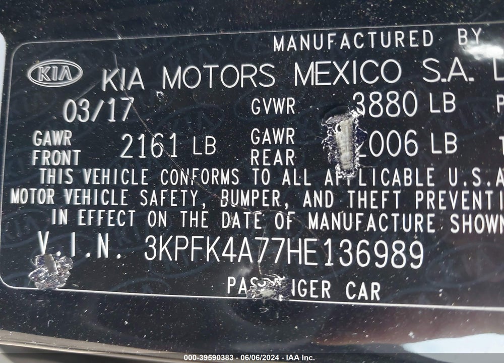 2017 KIA FORTE LX VIN: 3KPFK4A77HE136989