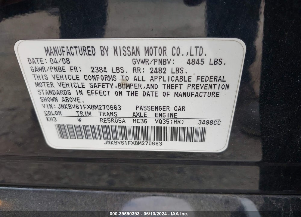 2008 INFINITI G35X VIN: JNKBV61FX8M270663