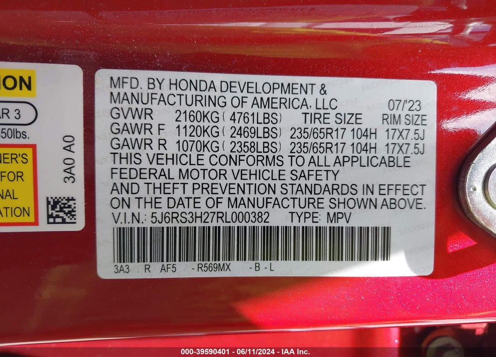 2024 HONDA CR-V LX 2WD VIN: 5J6RS3H27RL000382