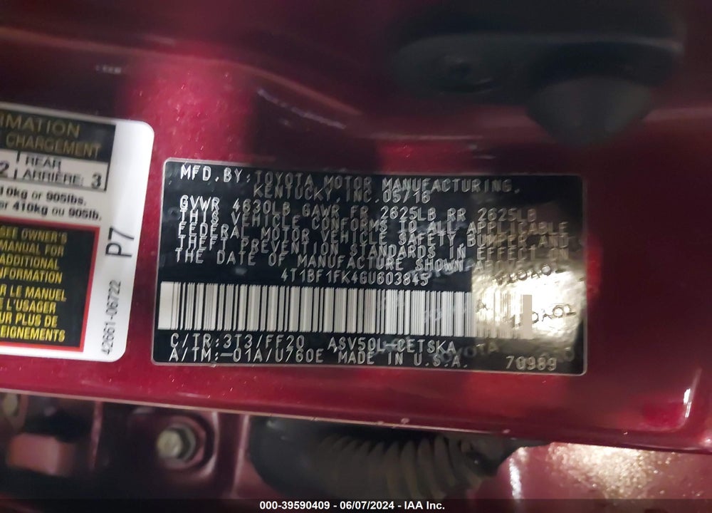 2016 TOYOTA CAMRY SE VIN: 4T1BF1FK4GU603845
