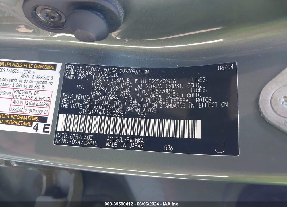 2004 TOYOTA HIGHLANDER VIN: JTEGD21A440103252