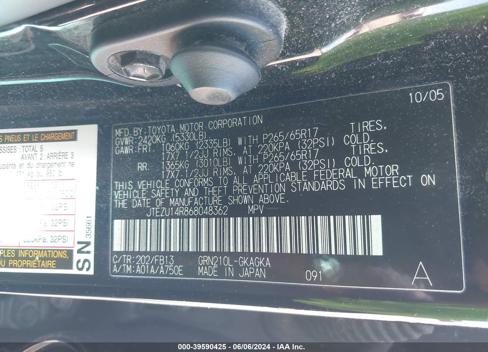 2006 TOYOTA 4RUNNER SR5 SPORT V6 VIN: JTEZU14R868048362