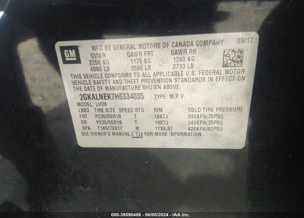 2017 GMC TERRAIN SLE-2 VIN: 2GKALNEK7H6334035