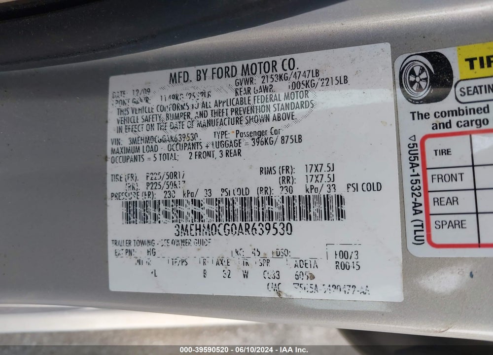 2010 MERCURY MILAN PREMIER VIN: 3MEHM0CG0AR639530