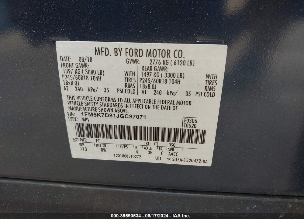 2018 FORD EXPLORER XLT VIN: 1FM5K7D81JGC87071
