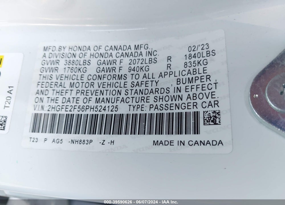 2023 HONDA CIVIC SPORT VIN: 2HGFE2F56PH524125