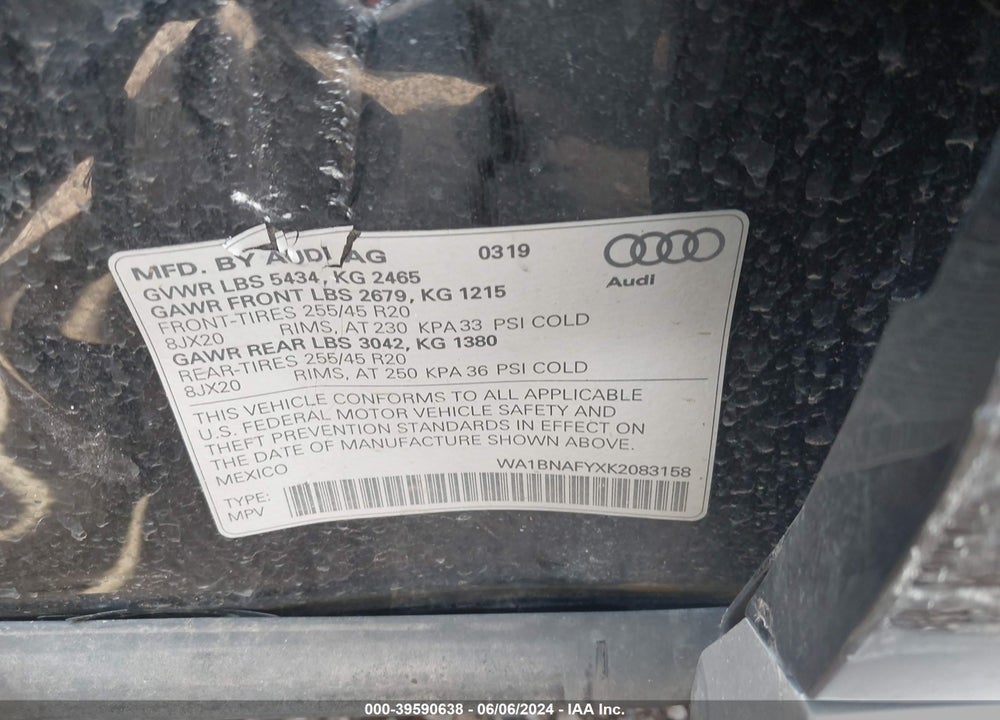 2019 AUDI Q5 45 PREMIUM VIN: WA1BNAFYXK2083158