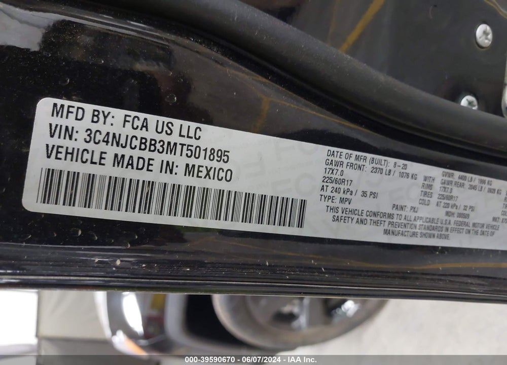 2021 JEEP COMPASS LATITUDE FWD VIN: 3C4NJCBB3MT501895