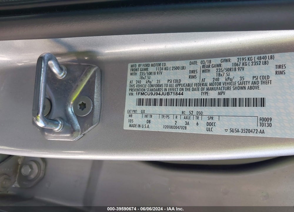2018 FORD ESCAPE TITANIUM VIN: 1FMCU9J94JUB71844