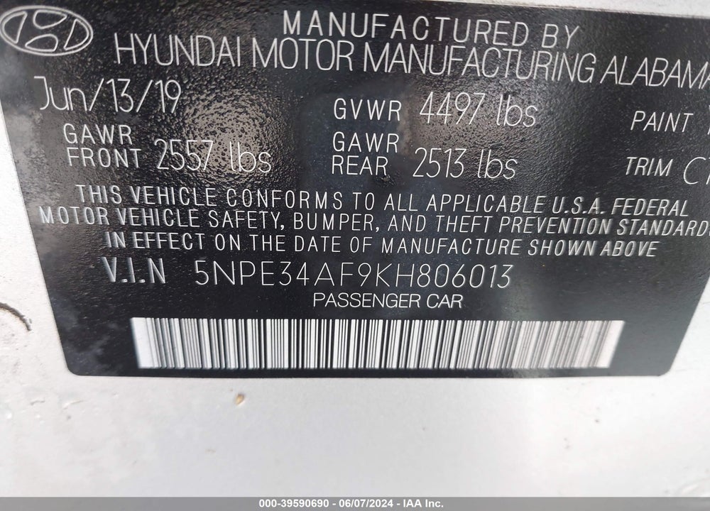 2019 HYUNDAI SONATA SPORT VIN: 5NPE34AF9KH806013