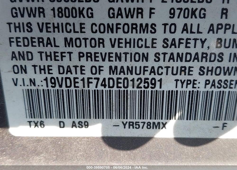 2013 ACURA ILX 2.0L VIN: 19VDE1F74DE012591