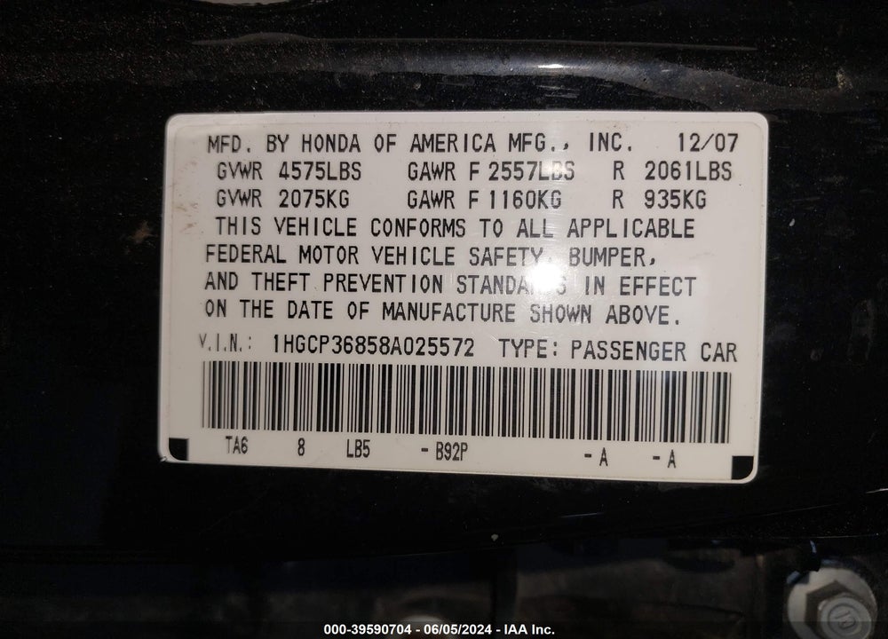 2008 HONDA ACCORD 3.5 EX-L VIN: 1HGCP36858A025572