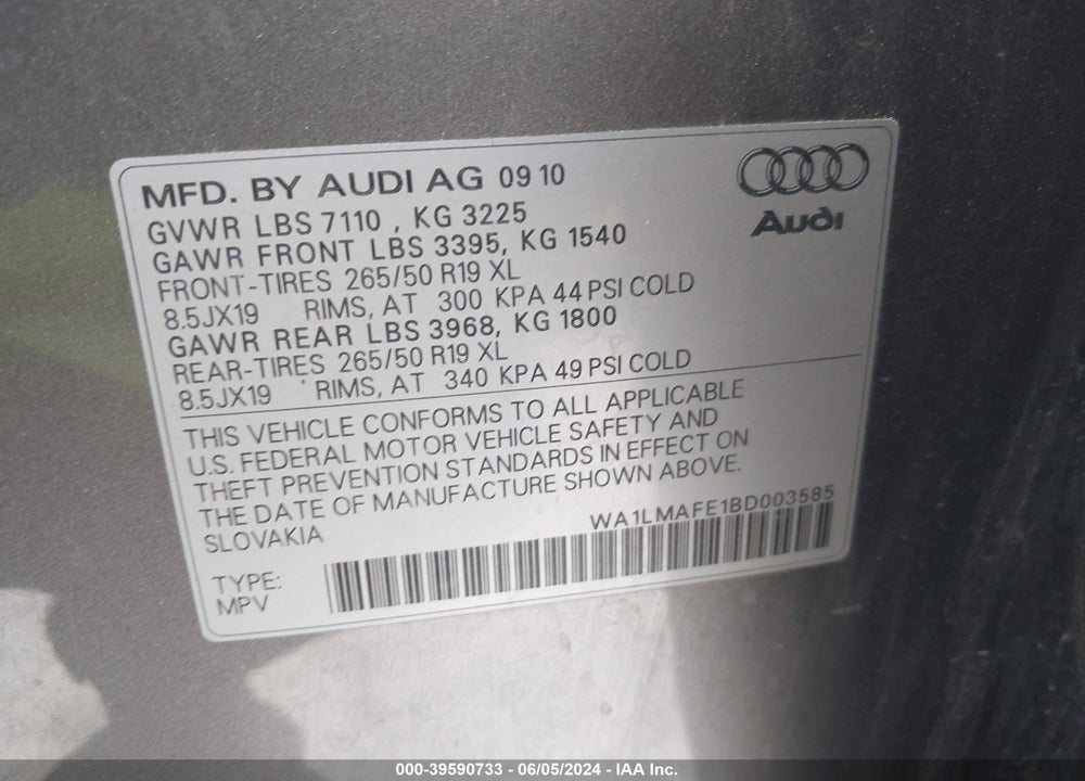2011 AUDI Q7 3.0 TDI PREMIUM VIN: WA1LMAFE1BD003585