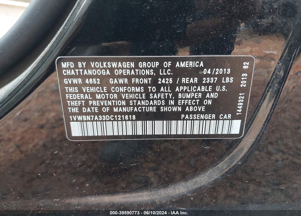 2013 VOLKSWAGEN PASSAT 2.0L TDI SE VIN: 1VWBN7A33DC121618