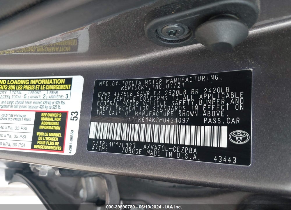 2021 TOYOTA CAMRY XSE VIN: 4T1K61AK3MU431097