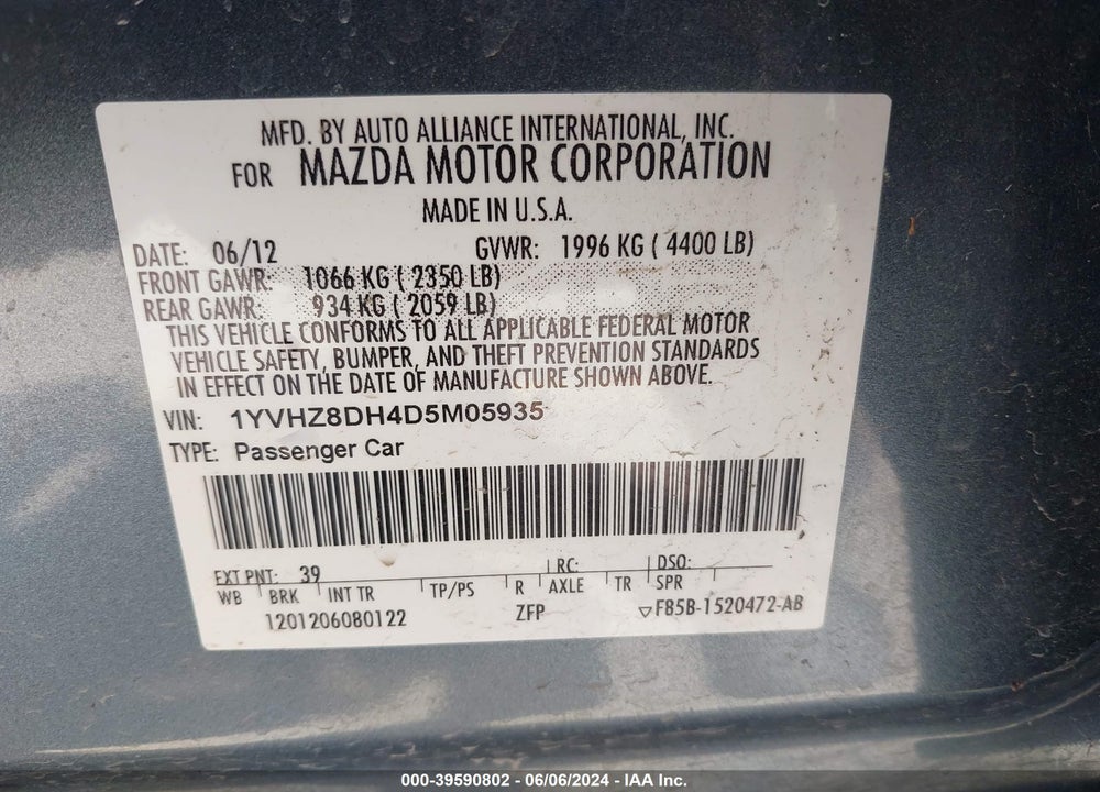 2013 MAZDA 6 I TOURING VIN: 1YVHZ8DH4D5M05935