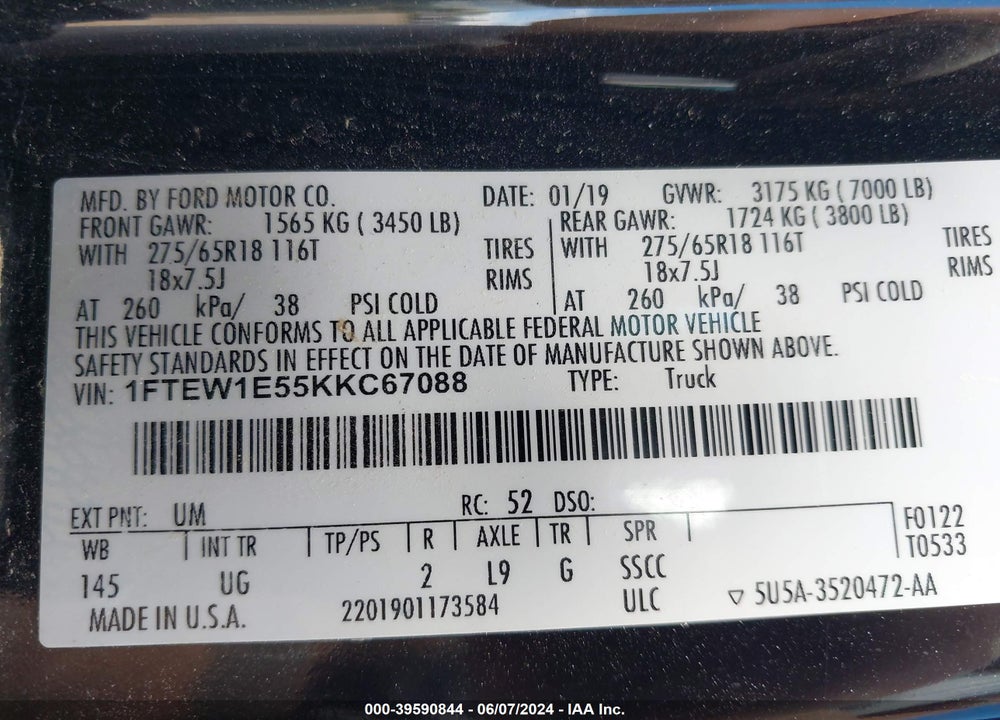 2019 FORD F-150 XLT VIN: 1FTEW1E55KKC67088