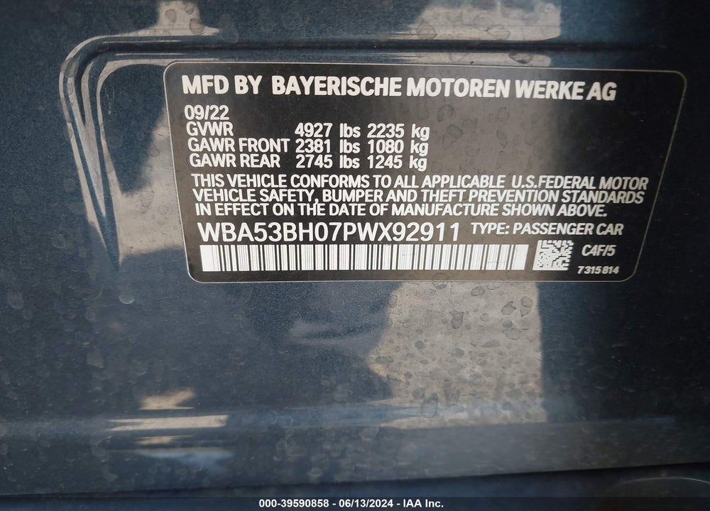 2023 BMW 530 I VIN: WBA53BH07PWX92911