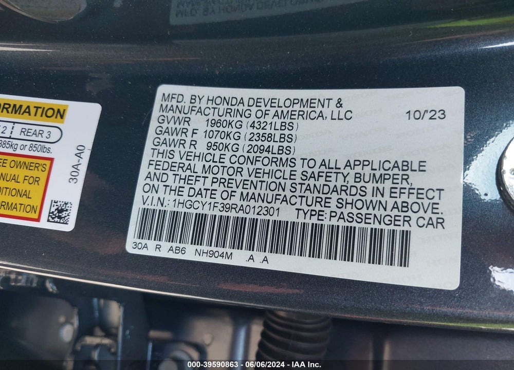 2024 HONDA ACCORD EX VIN: 1HGCY1F39RA012301
