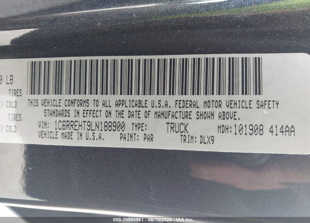 2020 RAM 1500 LIMITED  4X2 5'7 BOX VIN: 1C6RREHT9LN188900