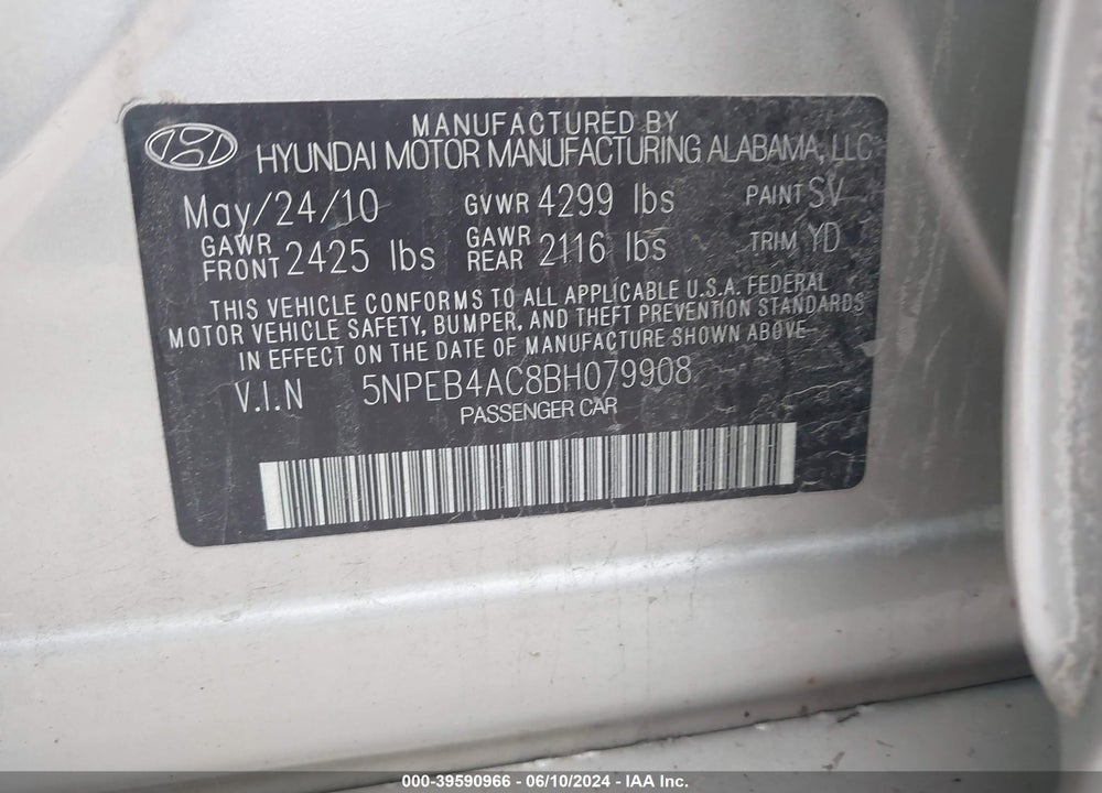 2011 HYUNDAI SONATA VIN: 5NPEB4AC8BH079908