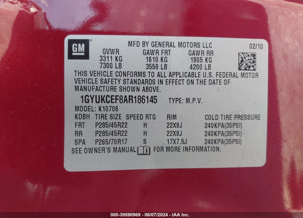 2010 CADILLAC ESCALADE PREMIUM VIN: 1GYUKCEF8AR186145