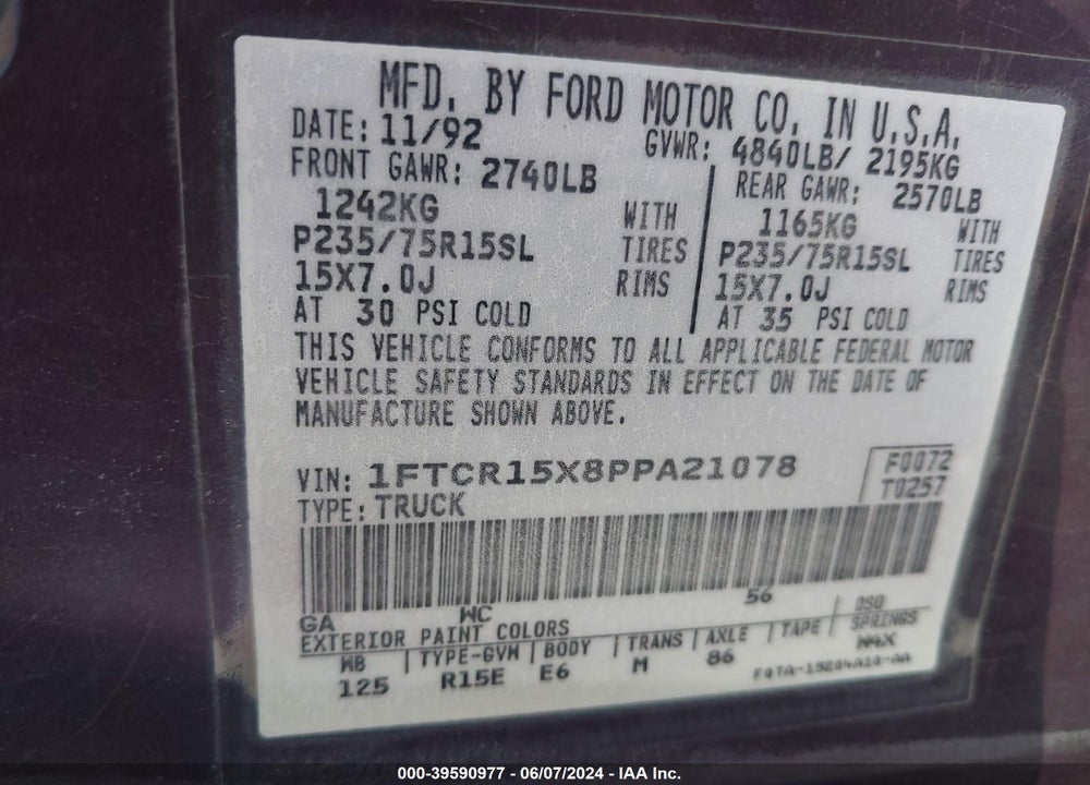 1993 FORD RANGER SUPER CAB VIN: 1FTCR15X8PPA21078