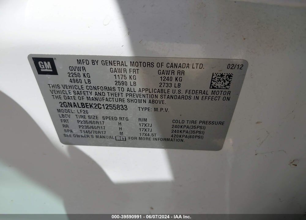 2012 CHEVROLET EQUINOX LS VIN: 2GNALBEK2C1255833