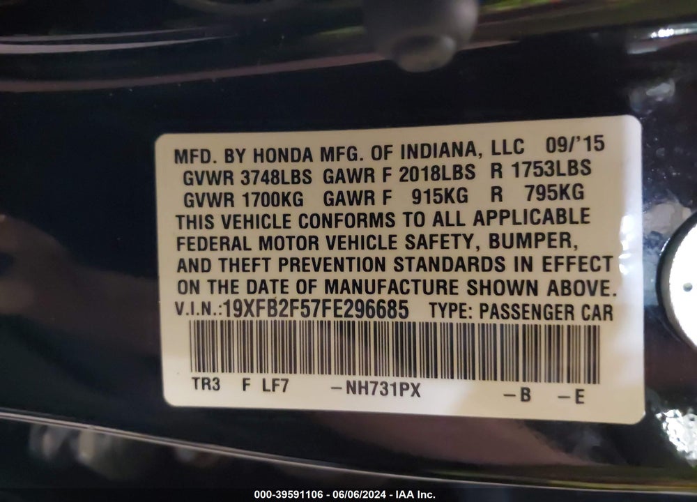 2015 HONDA CIVIC LX VIN: 19XFB2F57FE296685