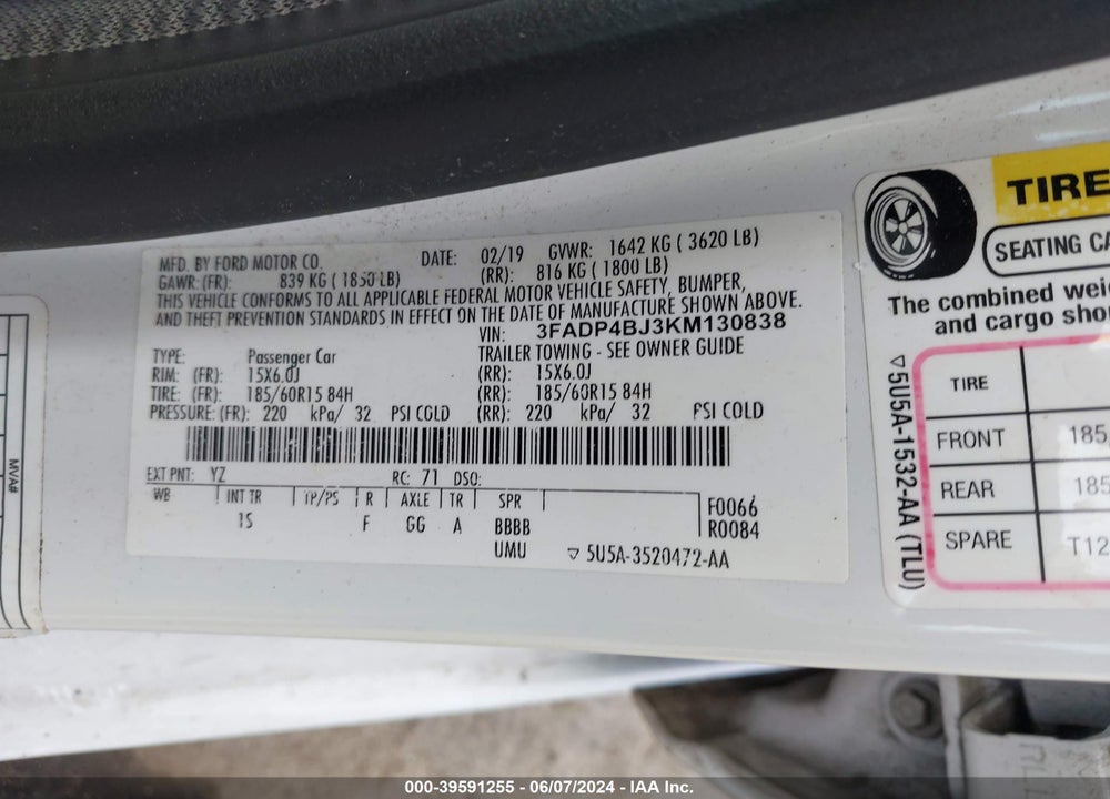 2019 FORD FIESTA SE VIN: 3FADP4BJ3KM130838
