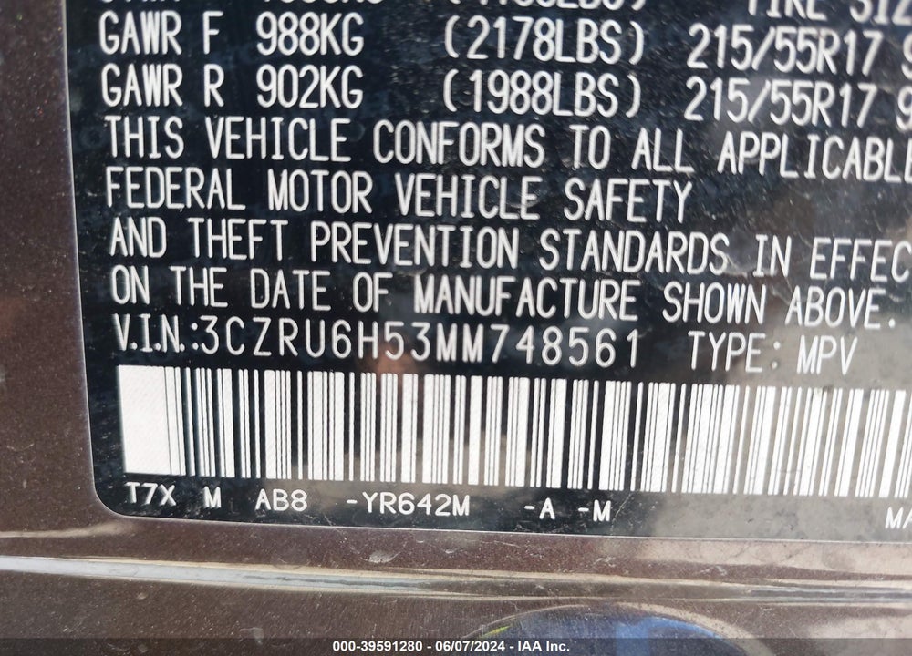 2021 HONDA HR-V AWD EX VIN: 3CZRU6H53MM748561
