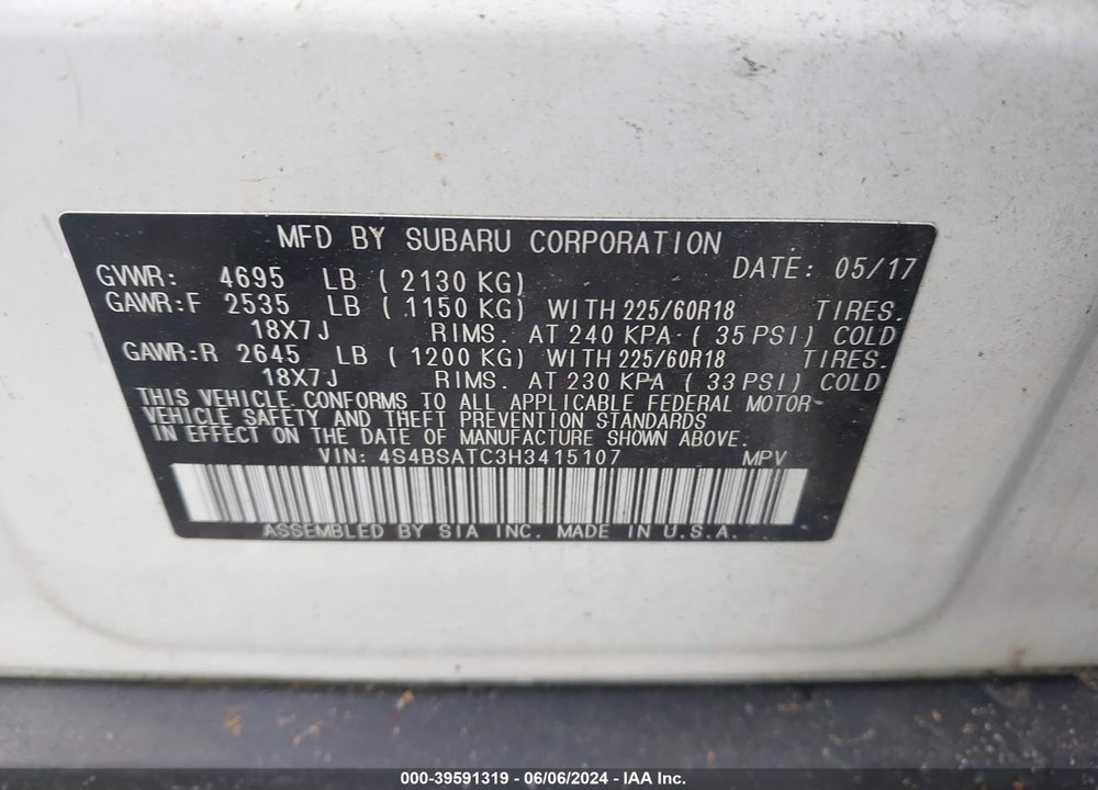 2017 SUBARU OUTBACK 2.5I TOURING VIN: 4S4BSATC3H3415107