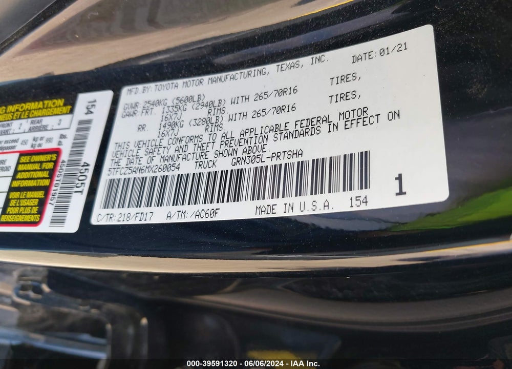 2021 TOYOTA TACOMA TRD OFF ROAD VIN: 5TFCZ5AN6MX260054