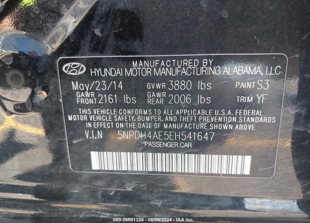 2014 HYUNDAI ELANTRA SE VIN: 5NPDH4AE5EH541647