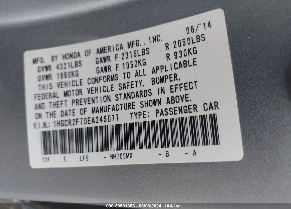 2014 HONDA ACCORD VIN: 1HGCR2F70EA245077