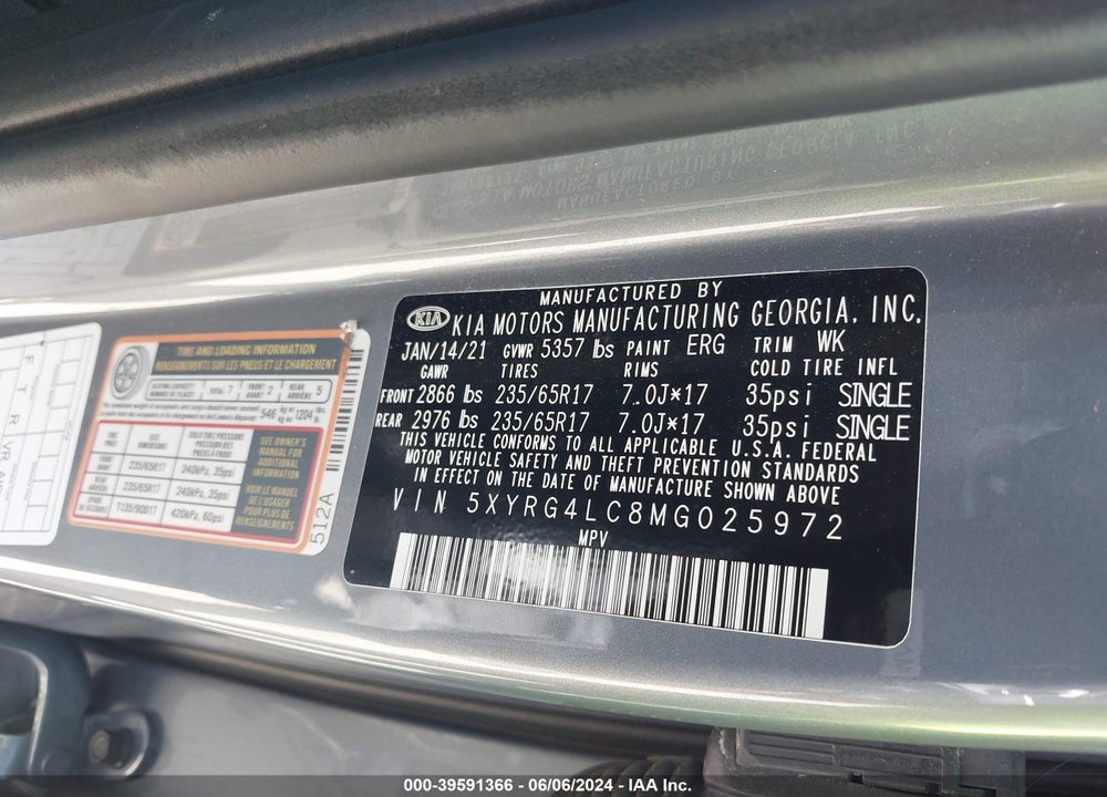 2021 KIA SORENTO LX VIN: 5XYRG4LC8MG025972