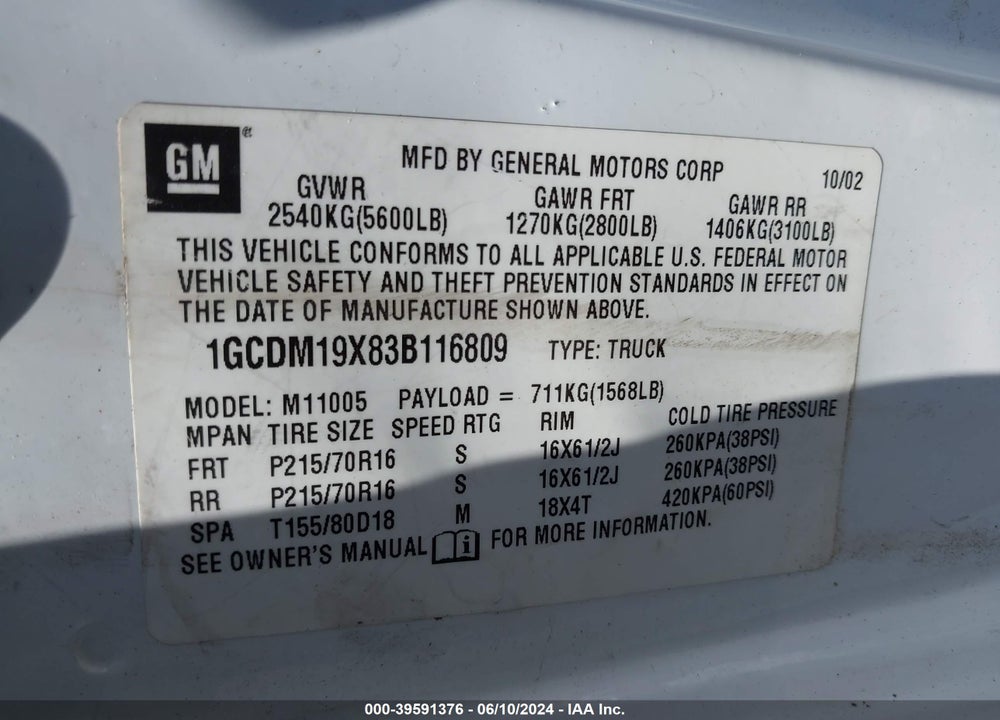 2003 CHEVROLET ASTRO VIN: 1GCDM19X83B116809