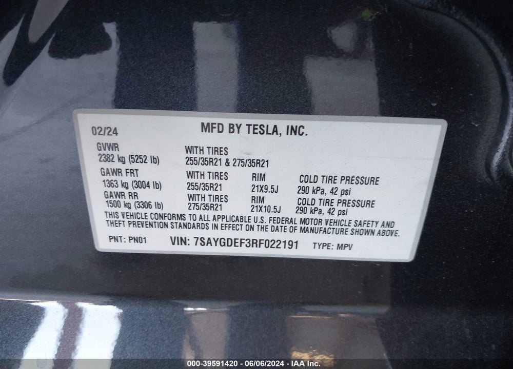 2024 TESLA MODEL Y PERFORMANCE DUAL MOTOR ALL-WHEEL DRIVE VIN: 7SAYGDEF3RF022191