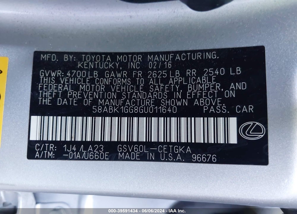 2016 LEXUS ES 350 VIN: 58ABK1GG8GU011640
