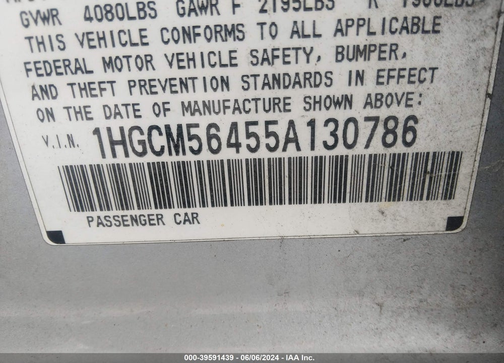 2005 HONDA ACCORD 2.4 LX VIN: 1HGCM56455A130786