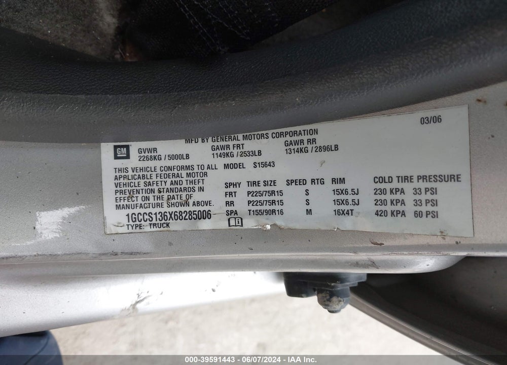 2006 CHEVROLET COLORADO LT VIN: 1GCCS136X68285006
