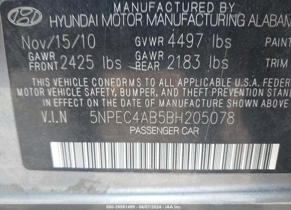 2011 HYUNDAI SONATA LIMITED 2.0T VIN: 5NPEC4AB5BH205078