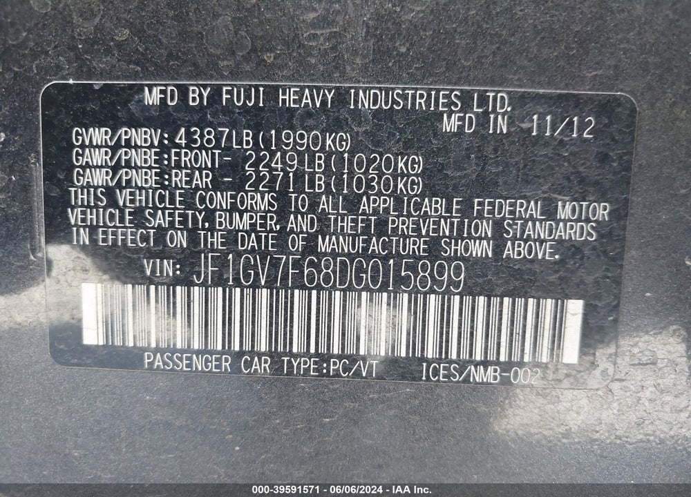 2013 SUBARU IMPREZA WRX PREMIUM VIN: JF1GV7F68DG015899